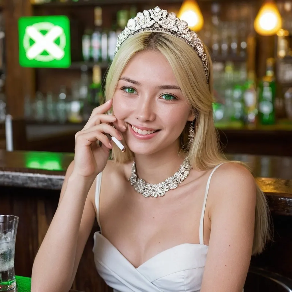 Prompt: Generate Ukrainian-Japanese  women with straight blond hair and green eyes, there is a diadem on her had and colie on her neck, she is dressed   in white  small dress, she is sitting in front a  bar and take a cosmopolitan, smoking a cigarette, she is smile and her face is shine with positive mood and talking phone