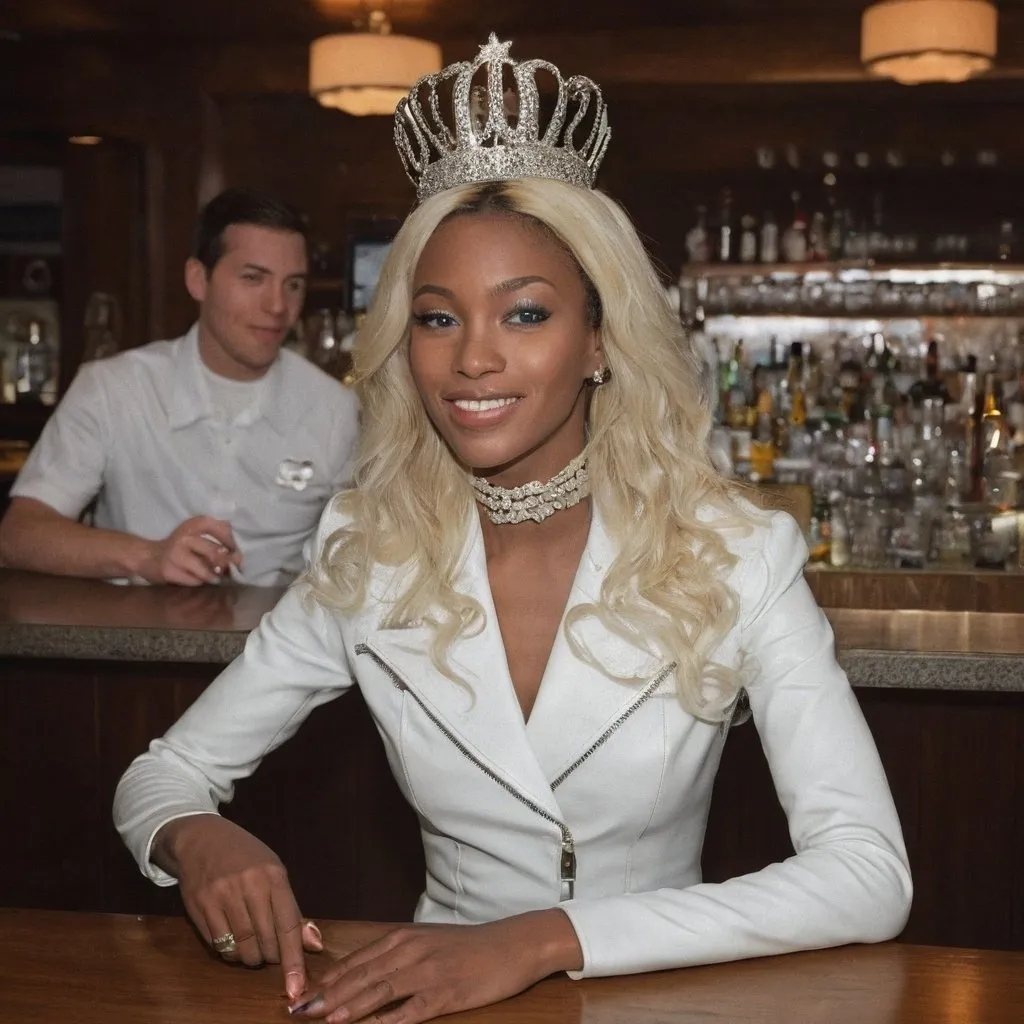 Prompt: Generate Afro-American  women with straight blond hair and blue eyes, there is a tiara on her had and colie on her neck, she is dressed   in white  leather costume, she is sitting in front a  bar and take a pino-kolada  and smoking a cigarette, her one lag is lying on another, she is smile and her face is shine with positive mood