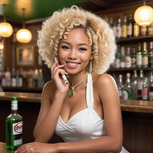 Prompt: Generate Afro-American- Japanese  women with blond  curly hair and green eyes, there is a diadem on her had and colie on her neck, she is dressed   in white  small dress, she is sitting in front a  bar and take a cosmopolitan, smoking a cigarette, she is smile and her face is shine with positive mood and talking phone