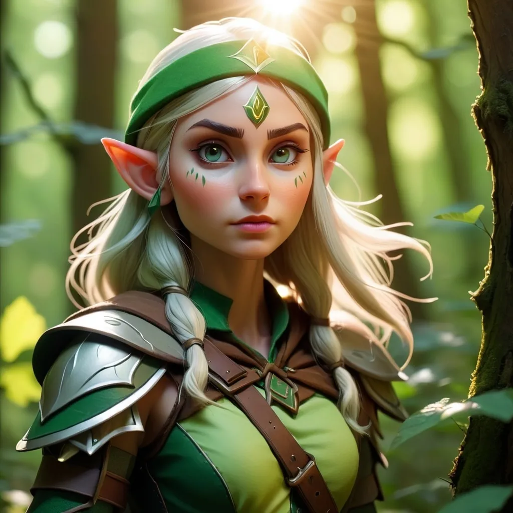 Prompt: Elf ranger in a mystical forest around sunlight