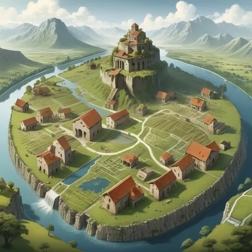 Prompt: Map of a valley surrounded by mountains, with a plain, a farm with crops and pasture with animals, a city surrounded by old and worn walls, a lake with small islands and a large island with the ruins of an ancient building, a river that crosses the valley coming from a mountain waterfall, on a rise a huge tree merged with a building used as a house, a denser forest, a mine entrance, a cemetery, the ruins of an ancient mysterious temple, and over the river a wooden bridge seen from above, 2D battle map for D&D, highly detailed, 8k.