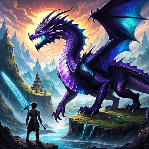 Prompt: (Detailed illustration of an extraordinary black and purple dragon) alongside a boy, (wearing gleaming armor), wielding a black sword adorned with (glowing blue runes). The dragon exhibits iridescent scales and fierce eyes, while the boy displays a determined expression. Set in a mythical landscape, dramatic lighting emphasizes their epic encounter. High-quality, ultra-detailed artwork capturing the vibrancy and intensity of their fantasy world.