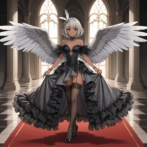 Prompt: Feminie boy, grey hair, brown eyes, dark skin, grey feather dress, black stockings, long black nail polish, high heels, single character, grey wings