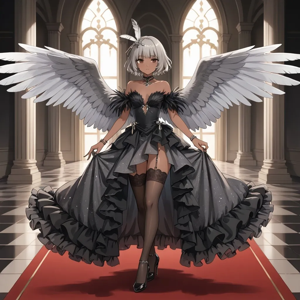 Prompt: Feminie boy, grey hair, brown eyes, dark skin, grey feather dress, black stockings, long black nail polish, high heels, single character, grey wings