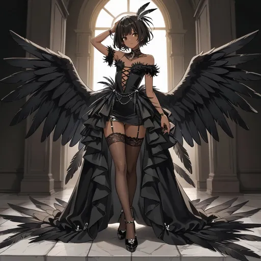 Prompt: Feminie boy, black hair, brown eyes, dark skin, black feather dress, black stockings, long black nail polish, high heels, single character, Black wings