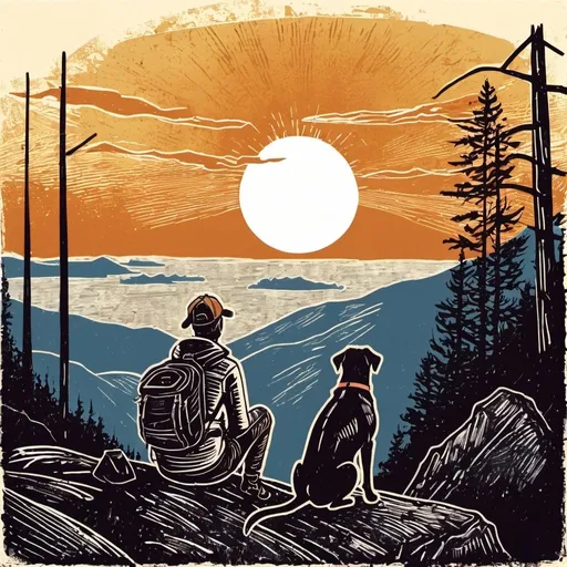 Prompt: dog and hiker sitting on mountain watching the sunset, linocut or hand drawn sketch style