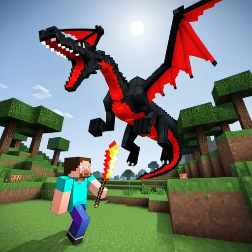 Prompt: A Minecraft player killing a dragon