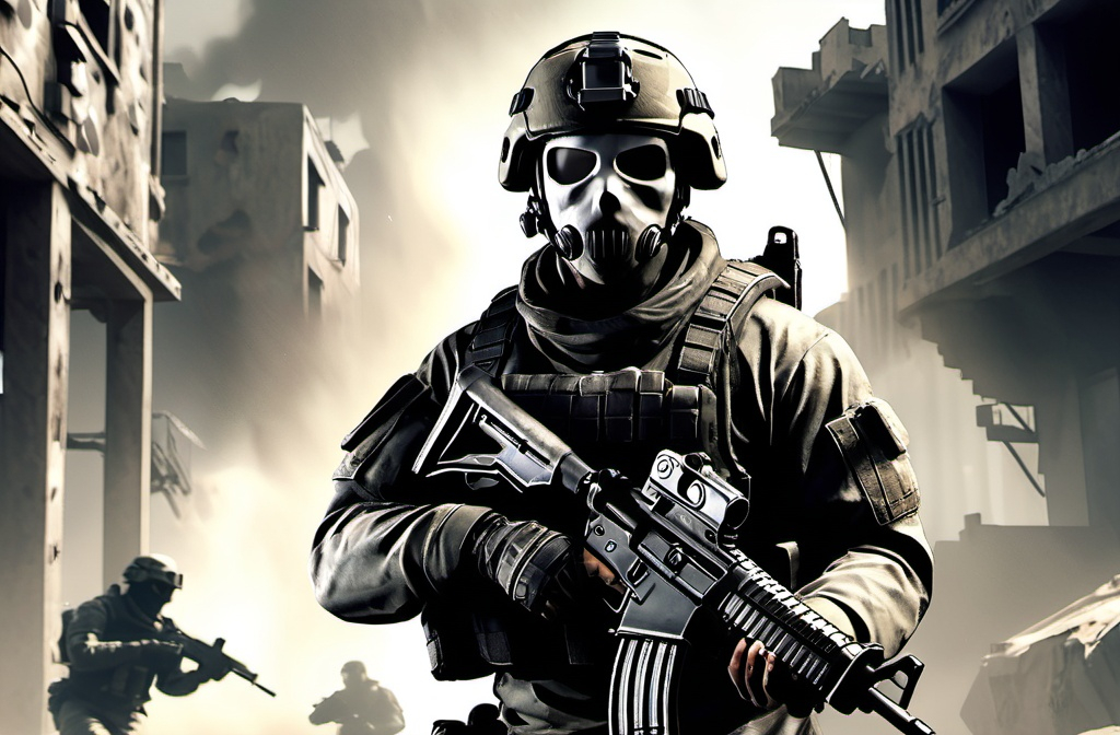 Prompt: A dynamic and action-packed YouTube thumbnail for a video about Call of Duty: Ghosts. The scene is set in a post-apocalyptic, war-torn city with broken buildings and billowing smoke in the background, symbolizing the game's intense atmosphere. In the foreground, a soldier in tactical gear and a ghost mask is standing in an action-ready pose, holding a rifle with a focused expression. The soldier is illuminated by dramatic lighting that highlights their face and weapon, adding intensity. Bold, distressed text at the top reads 'Call of Duty: Ghosts - Un Souvenir Virtuel', with a gritty and edgy font to convey the game's raw, high-stakes narrative. The design should evoke a sense of mystery and tension, perfect for attracting viewers to the video