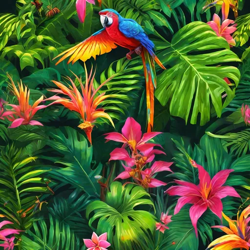 Prompt: Tropical rainforest with exotic flora and fauna, dense foliage, vibrant neon colors, lush greenery, colorful wildlife, warm rainbow colors, detailed and vibrant, high quality, lush tropical atmosphere, dense and diverse ecosystem, vibrant neon, warm lighting, tropical paradise, bold and rich colors, rich and diverse flora and fauna, exotic and vibrant ecosystem, detailed and vibrant, highres, tropical, vibrant, warm lighting, paradise, exotic, lush, colorful, dense foliage