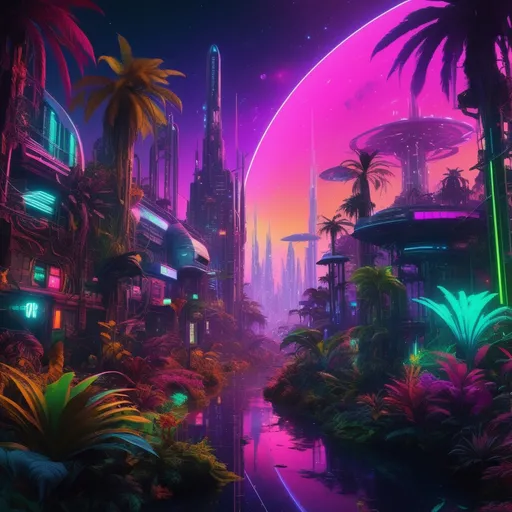 Prompt: Cosmic ai  cyberpunk jungle  with  Bold&thick&rich 
neon  colors  and bioluminescent  fauna and flora    glowing with warm  rainbow colored canibis gardens  in  space 🎬🔮🌌8KHDR bold&thick rich colors and dense contoured Sdxl graphics futurism 