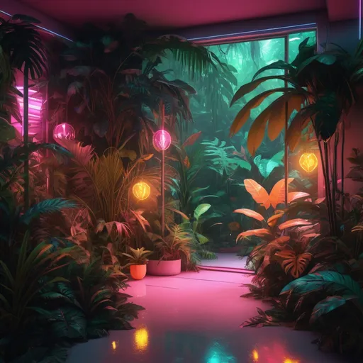 Prompt: Exotic paradise rainforest with dense foliage and jungle fauna, polished neon polychromatic y2k aesthetics, warm tones, atmospheric lighting, high-quality, forest-punk, Amazonian, fluorescent foliage, jungle fauna, crystal clear, y2k style, paradise, warm colors, dense rainforest, polished neon, exotic