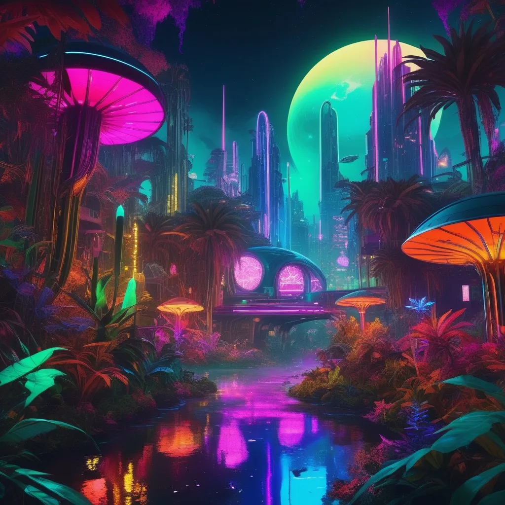 Prompt: Cosmic ai  cyberpunk jungle  with  Bold&thick&rich 
neon  colors  and bioluminescent  fauna and flora    glowing with warm  rainbow colored canibis gardens  in  space 🎬🔮🌌8KHDR bold&thick rich colors and dense contoured Sdxl graphics futurism 