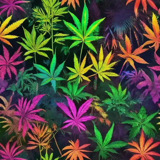 Prompt: Rainbow colored marijuana rainforest with vibrant bold & thick & rich florescent neon rainbow colors, exotic fauna, bioluminescent exotic ecosystems, detailed and vibrant, highres, tropical, vibrant, paradise, exotic, lush, colorful, dense foliage, warm lighting