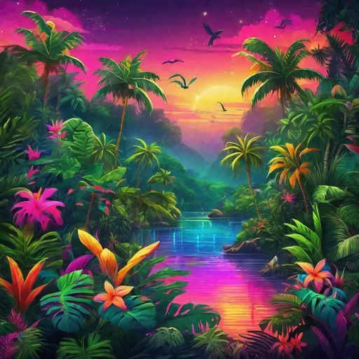 Prompt: Tropical rainforest with exotic flora and fauna, warm rainbow colors, dense foliage, rich and bold neon colors, high quality, vibrant neon, warm lighting, tropical atmosphere, lush greenery, colorful wildlife, detailed and vibrant, dense and diverse ecosystem, tropical paradise