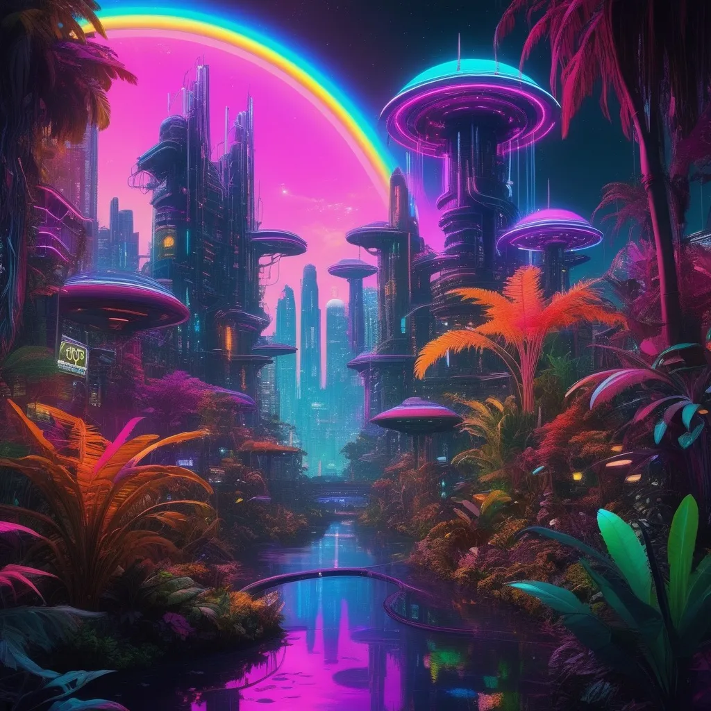 Prompt: Cosmic ai  cyberpunk jungle  with  Bold&thick&rich 
neon  colors  and bioluminescent  fauna and flora    glowing with warm  rainbow colored canibis gardens  in  space 🎬🔮🌌8KHDR bold&thick rich colors and dense contoured Sdxl graphics futurism 