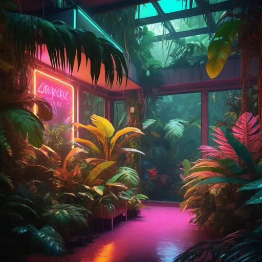 Prompt: Exotic paradise rainforest with dense foliage and jungle fauna, polished neon polychromatic y2k aesthetics, warm tones, atmospheric lighting, high-quality, forest-punk, Amazonian, fluorescent foliage, jungle fauna, crystal clear, y2k style, paradise, warm colors, dense rainforest, polished neon, exotic