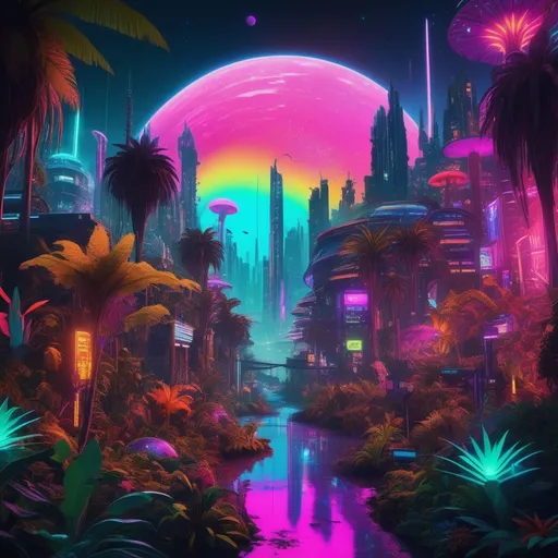 Prompt: Cosmic ai  cyberpunk jungle  with  Bold&thick&rich 
neon  colors  and bioluminescent  fauna and flora    glowing with warm  rainbow colored canibis gardens  in  space 🎬🔮🌌8KHDR bold&thick rich colors and dense contoured Sdxl graphics futurism 