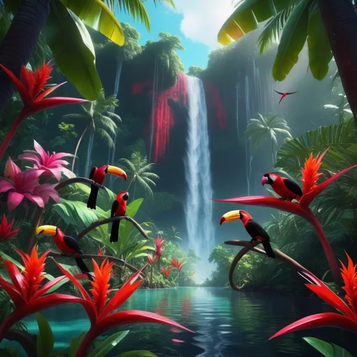 Prompt: Hyperdetailed 8k masterpiece of a Razzmatazz red&black tropicalistic dreamscape paradise, lush tropical flora, vibrant bird species, serene waterfalls, exotic fruits, dreamy atmosphere, professional, tropical, vibrant colors, detailed, highres, paradise, lush, exotic, atmospheric lighting