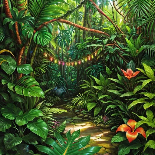 Prompt: Tropical rainforest with exotic flora and fauna, warm rainbow colors, dense foliage, rich and bold neon colors, high quality, vibrant neon, warm lighting, tropical atmosphere, lush greenery, colorful wildlife, detailed and vibrant, dense and diverse ecosystem, tropical paradise