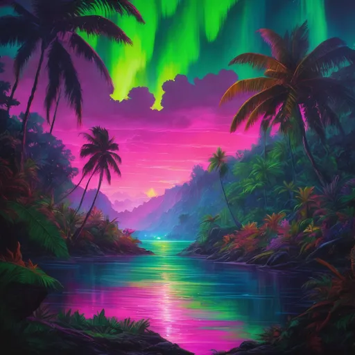 Prompt: Hyperdetailed, hyperrealistic oil painting of a vibrant jungle, exotic flora, bold & thick & rich neon polychromatic colors, vaporwave fauna, northern lights background, 8KHDR high quality, warm tones, exotic flora, vibrant jungle, hyperrealistic, bold colors, neon, polychromatic, northern lights, vaporwave, 8KHDR, detailed foliage, realistic wildlife, professional oil painting, rich color palette, atmospheric lighting