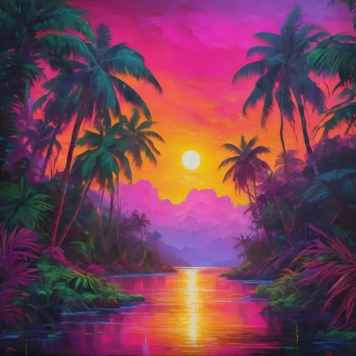 Prompt: Hyperdetailed, hyperrealistic oil painting of a vibrant jungle, exotic flora, bold & thick & rich neon polychromatic colors, vaporwave fauna, northern lights background, 8KHDR high quality, warm tones, exotic flora, vibrant jungle, hyperrealistic, bold colors, neon, polychromatic, northern lights, vaporwave, 8KHDR, detailed foliage, realistic wildlife, professional oil painting, rich color palette, atmospheric lighting