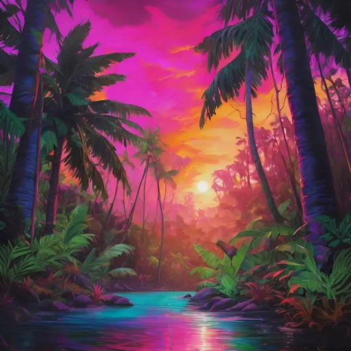 Prompt: Hyperdetailed, hyperrealistic oil painting of a vibrant jungle, exotic flora, bold & thick & rich neon polychromatic colors, vaporwave fauna, northern lights background, 8KHDR high quality, warm tones, exotic flora, vibrant jungle, hyperrealistic, bold colors, neon, polychromatic, northern lights, vaporwave, 8KHDR, detailed foliage, realistic wildlife, professional oil painting, rich color palette, atmospheric lighting