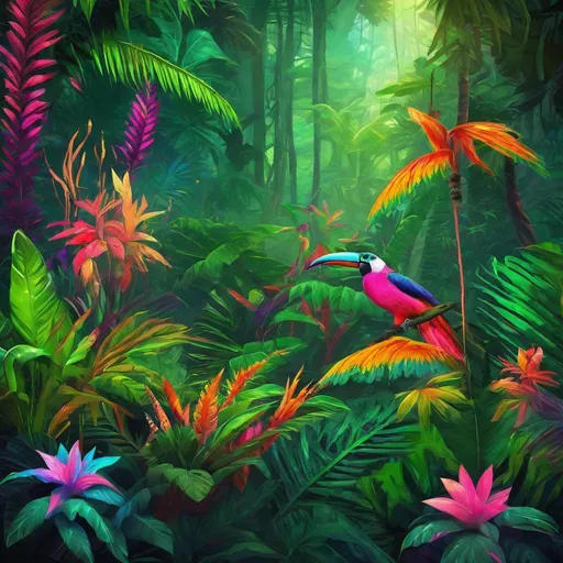 Prompt: Tropical rainforest with exotic flora and fauna, warm rainbow colors, dense foliage, rich and bold neon colors, high quality, vibrant neon, warm lighting, tropical atmosphere, lush greenery, colorful wildlife, detailed and vibrant, dense and diverse ecosystem, tropical paradise