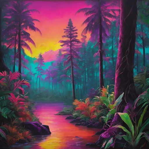 Prompt: Hyperdetailed, hyperrealistic oil painting of a vibrant jungle, exotic flora, bold & thick & rich neon polychromatic colors, vaporwave fauna, northern lights background, 8KHDR high quality, warm tones, exotic flora, vibrant jungle, hyperrealistic, bold colors, neon, polychromatic, northern lights, vaporwave, 8KHDR, detailed foliage, realistic wildlife, professional oil painting, rich color palette, atmospheric lighting