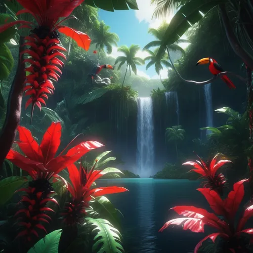 Prompt: Hyperdetailed 8k masterpiece of a Razzmatazz red&black tropicalistic dreamscape paradise, lush tropical flora, vibrant bird species, serene waterfalls, exotic fruits, dreamy atmosphere, professional, tropical, vibrant colors, detailed, highres, paradise, lush, exotic, atmospheric lighting