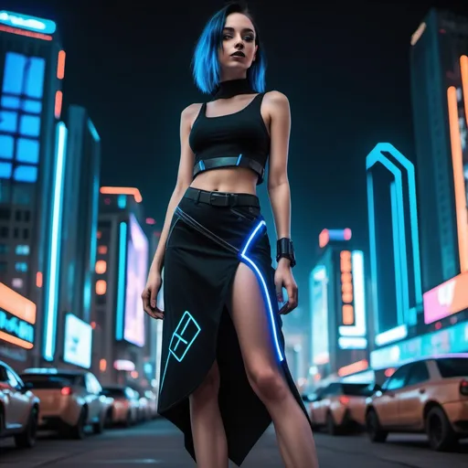 Prompt: asymmetrical skirt that is mid calf in black with electric blue trim in a cyberpunk style  standing in cyberpunk city with neon lights city on Mars in future, neon billboards, skyscrapers