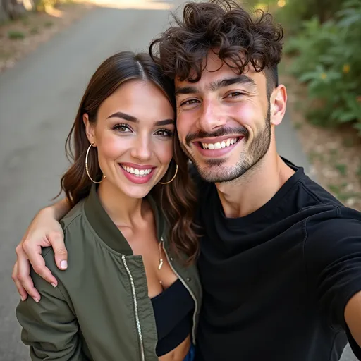 Prompt: With a joyful expression, a young couple stands closely together against a rustic outdoor backdrop, characterized by a sunlit, natural setting. The woman showcases a playful pout, adorned with hoop earrings and a fashionable bomber jacket, while the man, wearing a simple black T-shirt, beams with a warm smile. Their intimacy is palpable, as they pose for a selfie, suggesting a moment of happiness shared between them. The environment hints at a casual day possibly spent outdoors, with the textured ground and greenery softly blurred behind them, drawing attention to their cheerful expressions and trendy outfits. The overall mood is light-hearted and affectionate, capturing a snapshot of their personal connection in a beautiful setting.