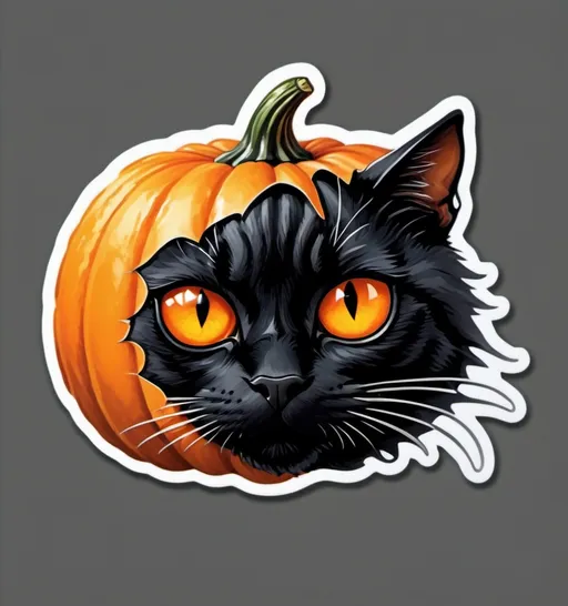 Prompt: A black cat head, eerie and scary, wearing the right half of a pumpkin mask, white background, super clear details, unsettling atmosphere, high contrast lighting, rich oranges from the pumpkin, pale and stark white contrast, surreal elements, ultra-detailed, 4K, high sharpness, sharp focus, dramatic shadows, horror theme, photorealistic.