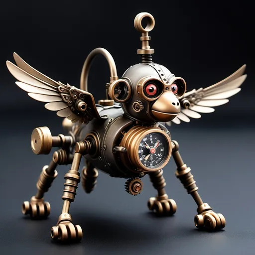 Prompt: A small mechanical flying monkey. Steampunk in style that looks like it's been made from a small compass