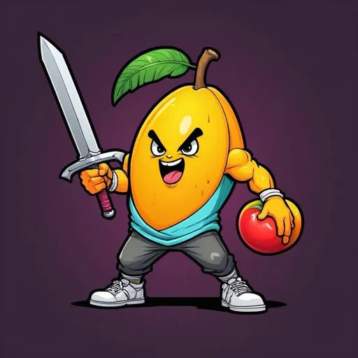 Prompt: Killer mango wielding a double-edged sword, wearing a t-shirt with a prominent mango logo, high quality, detailed, vibrant colors, cartoon, bold outlines, tropical color palette, dramatic lighting, menacing expression, fruit warrior, dynamic pose, tropical theme