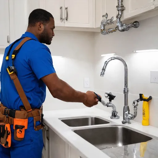 Prompt: a black professional plumber working on a pipe in a modern home wearing a blue uniform with a tool belt focused on fixing a uniform with a tool belt focused on fixing a leaky pipe underneath a leaky pipe under a kitchen sink . the scene includes plumbing tools like wrenches , pipes cutters, and a flashlight, withb bright lighting and clean, polished surfaces.THe plumber's posture is engaged and confident,with a subtle  focus and the task