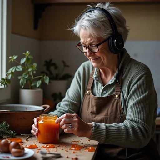 Prompt: an old woman with short grey hair and glasses jaming to music with headphones on while making a jar of jam in hungary 

