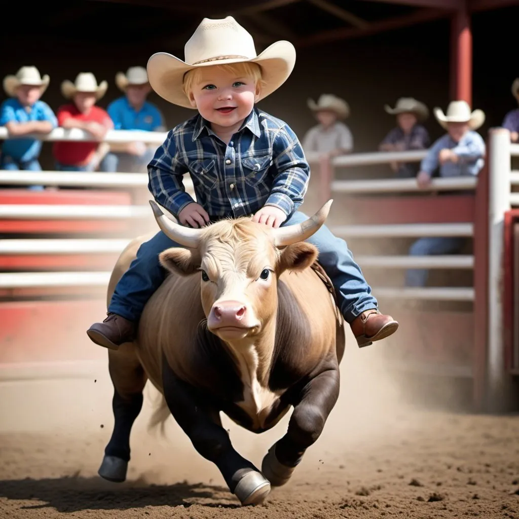 Prompt: A baby boy with blond hair and blue eyes. Riding a rodeo bull that is dark brown. The bull looks like those fat animals. for a logo and the bull is jumping. bit more realistic. the boy is wearing a jean with boots and a red check shirt with light brown hat 