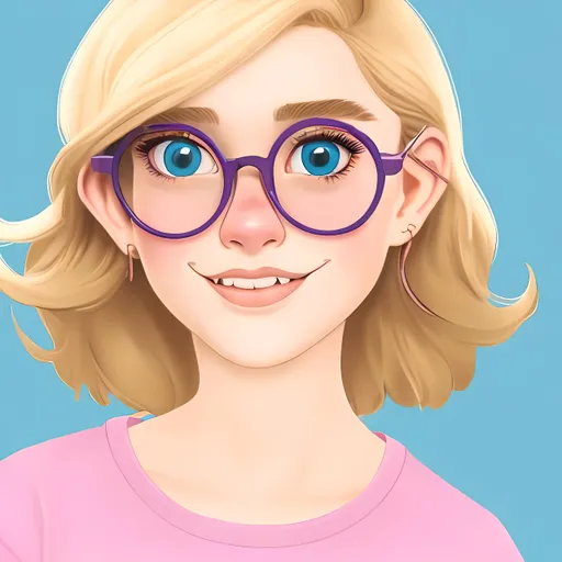 Prompt: A disney style teenage girl with shoulder length blond hair, blue eyes, rosy cheeks, and rose gold glasses