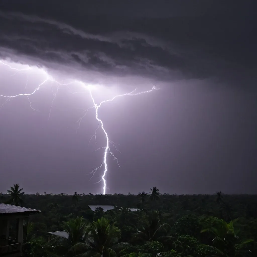 Prompt: A tropical Storm. Skies Pitch black. wind going over 300kp\h. lightning lighting the skies. rain showering down. 