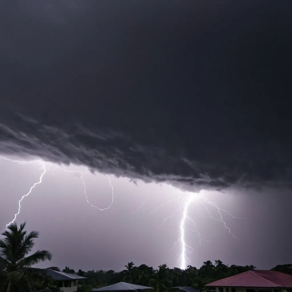 Prompt: A tropical Storm. Skies Pitch black. wind going over 300kp\h. lightning lighting the skies. rain showering down. 