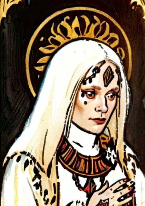 Prompt: Portrait of a young blind priestess, with white long hair, wearing a white robe with a gold chestplate with ornaments, long chains that falls to the ground ornate her fingers. There is a halo of light around her.