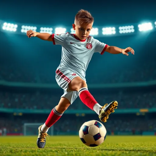 Prompt: photorealistic, (hyper-realistic) full-body portrait of a young soccer player mid-kick, dynamic posture, vivid stadium background, energetic atmosphere, bright floodlights, detailed facial expression of concentration, vibrant colors capturing the excitement of the game, seamless blend of motion, high definition, ultra-detailed, showcasing athletic attire and cleats.