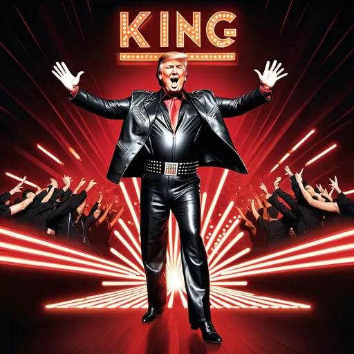 Prompt: Poster: KING COMEBACK Rock n Roll beautiful Donald Trump happy Laughting ,  in Elvis  one-piece black Leather Jumpsuit, alone  on [red letter T sign] neon bulbs red-lit grandiose lavish  showstage #17, dynamic dance moves , fist in the air victorious