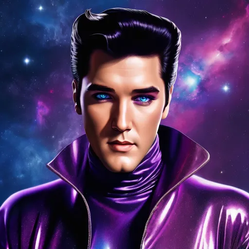 Prompt: ULTRA HD : GALACTIC , ( BLUE EYES)  ELVIS PRESLEY, SMIRKING, GLORIOUS ,  MYSTICAL AURA, IN TURTLENECK & SCI-FI PHEONIX JUMPSUIT OF VIOLET IRIDESCENT FABRIC, IN OUTER SPACE PURPLE COSMIC GALAXY