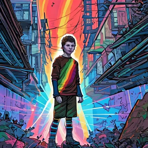 Prompt: Michael cera as a bald eight-year-old warrior, glowing with bright rainbow light, background of shadows and alleyways, comic book style illustration