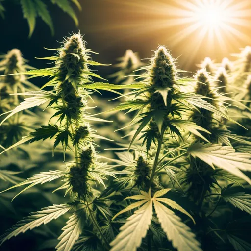 Prompt: Cannabis growing in a field with filtered sunlight

