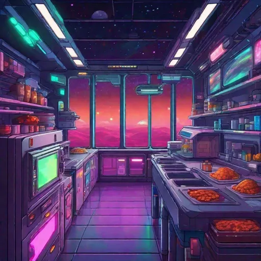 Prompt: cafeteria kitchen, 2D game style, window overlooking space, futuristic interior design, pixel art, vibrant color palette, high quality, detailed space background, retro-futuristic, digital art, atmospheric lighting, cosmic atmosphere