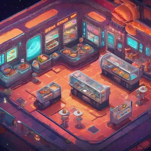 Prompt: Space cafeteria, semi top down view, 2D game style, window overlooking space, futuristic interior design, food vending machines, cozy seating area, pixel art, vibrant color palette, high quality, detailed space background, retro-futuristic, digital art, atmospheric lighting, cosmic atmosphere