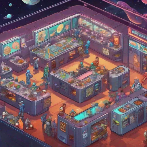 Prompt: Space cafeteria, zoom on kitchen, semi top down view, 2D game style, window overlooking space, famous people, many aliens, photographers, futuristic interior design, food vending machines, cozy seating area, pixel art, vibrant color palette, high quality, detailed space background, retro-futuristic, digital art, atmospheric lighting, cosmic atmosphere, famous people, many aliens, photographers