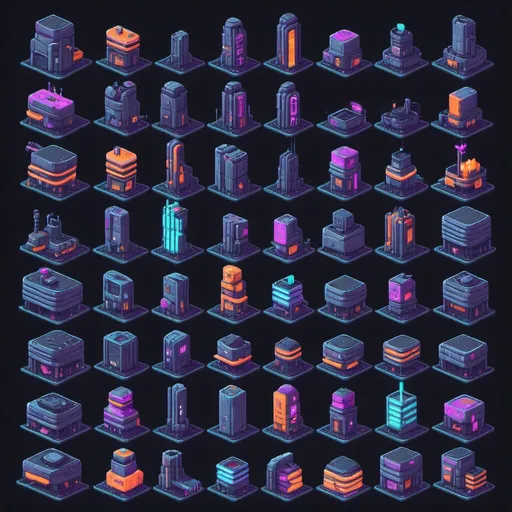 Prompt: cyberpunk buildings, pixel art, 16x16 
tileset